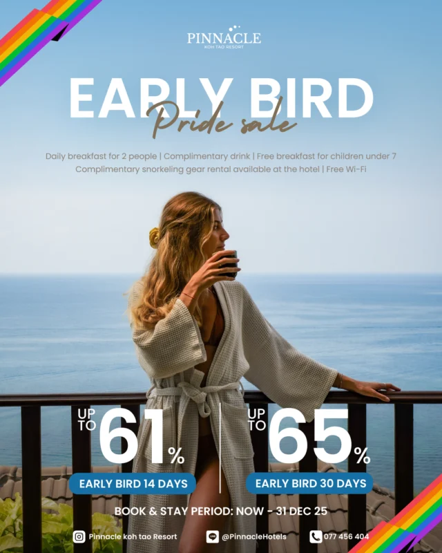 ⚡𝐄𝐚𝐫𝐥𝐲 𝐁𝐢𝐫𝐝 𝐏𝐫𝐨𝐦𝐨𝐭𝐢𝐨𝐧  ลดสูงสุด 65%
จองล่วงหน้าได้ราคาถูกกว่า แล้วมาพักผ่อนพร้อมวิวหลักล้าน เห็นวิวทะเลทุกห้องแบบพาโนรามา 180° 
ที่ 𝐏𝐢𝐧𝐧𝐚𝐜𝐥𝐞 𝐊𝐨𝐡 𝐓𝐚𝐨 𝐑𝐞𝐬𝐨𝐫𝐭

รับฟรี ! เช่าอุปกรณ์ดำน้ำตื้น Snorkeling 🤿 
พร้อมดำน้ำดูปะการัง ปลาทะเลสวยงาม ในบริเวณทะเลหน้าโรงแรมเลย! 
.
จองก่อนล่วงหน้า 14 วัน ลด 61%
จองก่อนล่วงหน้า 30 วัน ลด 65%
.
สิ่งที่จะได้รับ:
✓ อาหารเช้าสำหรับผู้ใหญ่ 2 ท่าน
✓ เด็กอายุต่ำกว่า 7 ปี ทานอาหารเช้าฟรี
✓ เครื่องดื่มต้อนรับ
✓ ฟรี Wi-Fi ตลอดการเข้าพัก
🚗บริการรถรับส่งจากรีสอร์ทสู่หาดทรายรี และท่าเรือแม่หาด พร้อมรอบฟรีระหว่างวัน !

✅จองกับโรงแรมโดยตรง การันตีราคาดีที่สุด ไม่มีบวกเพิ่ม! ไม่มีค่าธรรมเนียม
👉Book now, click on the Bio
_______________________________

For inquiries or reservations:
📲Line : @pinnaclehotels
☎ Phone : 077 456 404
📩 pktreservation1@gmail.com
📌Location : Koh Tao, Surat Thani
**** Terms and conditions apply.

#EarlyBierd #EarlyBierdPromotion #KohTao #FreeSnorkelingRental #BookDirect #PinnacleKohTao #IslandAdventure #SnorkelingThaila #Snorkelingfree #PinnacleKohTao #PinnacleKohTaoResort #KohTaoResort #kohtao #KohtaoAdventures #โรงแรมติดทะเล #ที่พักติดทะเล #รถรับส่งเกาะเต่า #เที่ยวเกาะเต่า #รีสอร์ทเกาะเต่า #ท่าเรือแม่หาด #หาดทรายรี #เกาะเต่า #โรงแรมเกาะเต่า #จองตรงคุ้มกว่า #ทะเลเกาะเต่า
