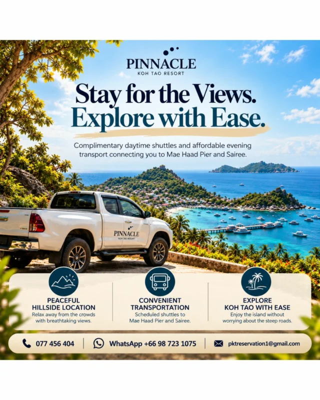 Stay for the Views. Explore with Ease.
Enjoy the best of both worlds at Pinnacle Koh Tao Resort with peaceful hillside surroundings, breathtaking ocean views, and convenient access to the island’s favorite spots!
.
Whether you're heading to Mae Haad Pier or exploring the vibrant Sairee area, our scheduled shuttle service makes getting around Koh Tao easier.
.
Complimentary Daytime Shuttle
Enjoy 5 FREE scheduled shuttle services throughout the day.
Evening Shuttle: THB 100 per person
.
Heading out for dinner or an evening adventure? We've got your ride covered!
Convenient Pickups & Drop-offs
.
Travel between Pinnacle Koh Tao Resort, Mae Haad Pier, and Sairee, with scheduled return pickups available.
.
Advance Booking Required
All shuttle journeys, including return pickups, must be reserved in advance through Reception.
Stay somewhere peaceful. Explore whenever adventure calls.
.
For reservations & more information:
Tel: 077 456 404
WhatsApp: +66 98 723 1075
Email: pktreservation1@gmail.com
.
Swipe through to explore our shuttle schedule and discover how easy it is to get around Koh Tao!

#PinnacleKohTao #KohTaoResort #KohTaoThailand #KohTaoTravel #ShuttleService #ExploreKohTao #IslandGetaway #ThailandTravel